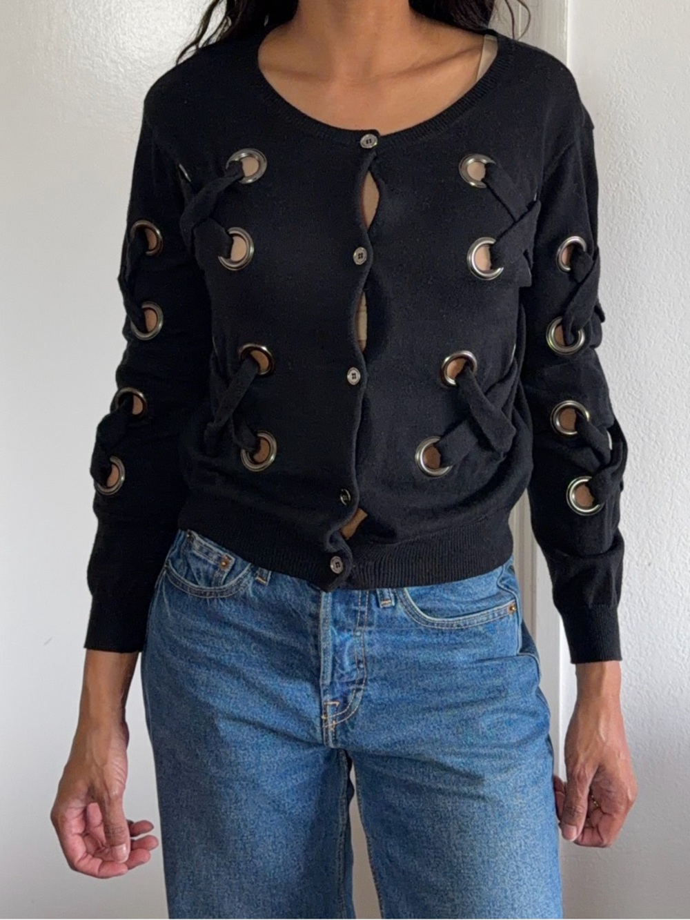 Opening Ceremony Black Lace-Up Grommet Cardigan